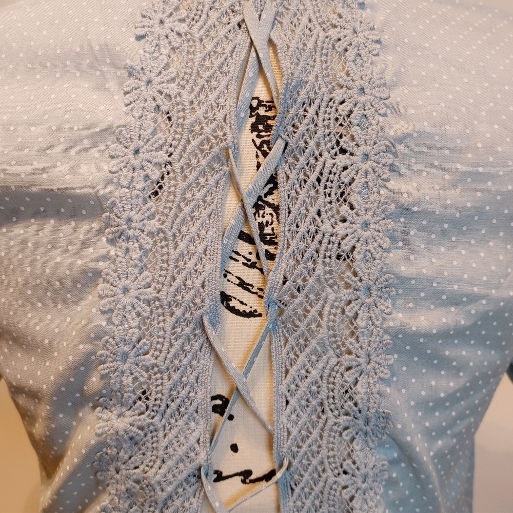 NWT Blue Polka Dot Puff Sleeve Open Back Lace Up Crop Top - Picture 10 of 10